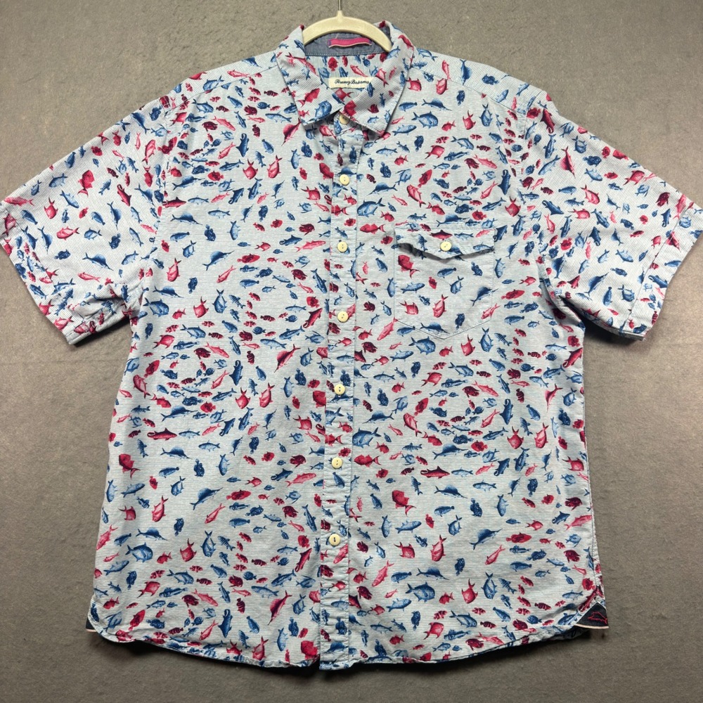 Tommy Bahama Mens Large Blue Pink Fish Print Short Sleeve Cotton Button Up Shirt